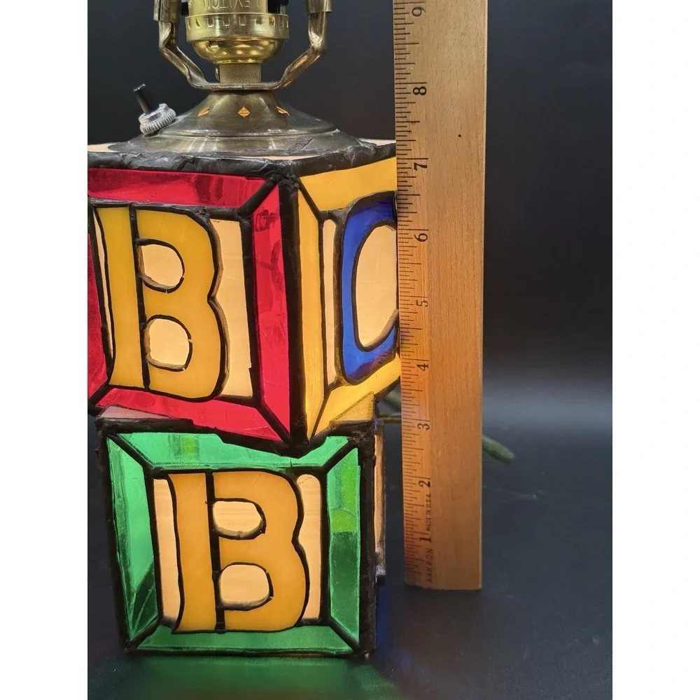 Vtg Stained Glass Alphabet ABC Block Table Lamp Base Nursery Nightlight Sailboat